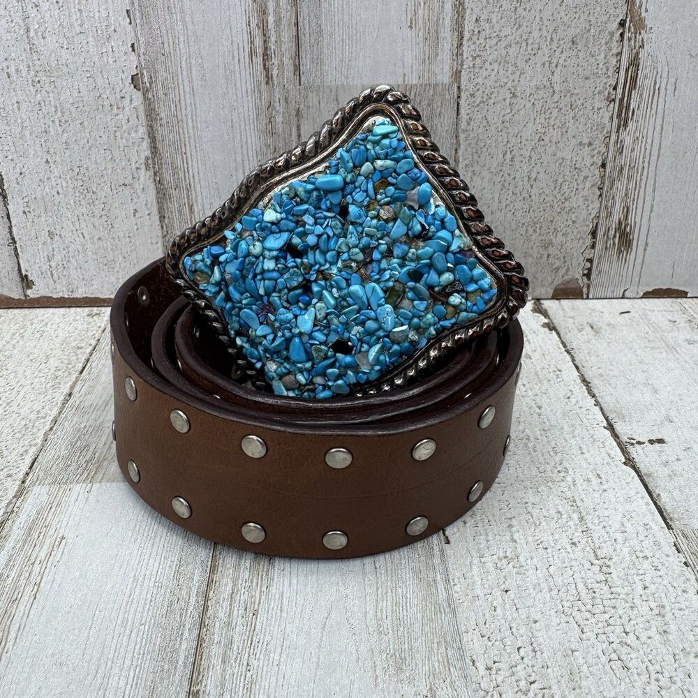 Vintage Southwestern Turquoise Chip Buckle Leather Studded Belt Made In Italy Sm